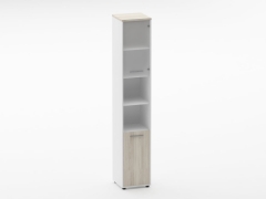 Шкаф 5 узкий верх стеклянная дверь, низ закрытый, две полки открытые Персона Грата Deka 10.23.19Пр Дуб Сантана светлый/Белый