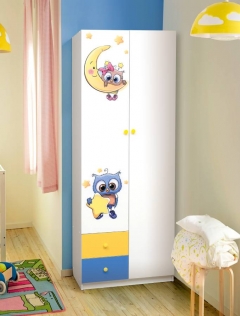 Шкаф 2-х дверный Матрица комбинированный с ящиками и фотопечатью Совята 2.1 Белый/Желтый/Синий