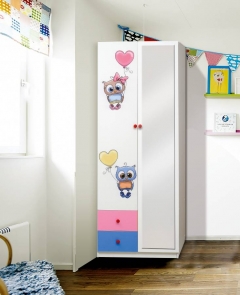 Шкаф 2-х дверный Матрица комбинированный с ящиками и фотопечатью Совята 2.2 Белый/Лайм/Синий