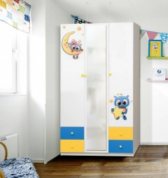 Шкаф 3-х дверный Матрица с ящиками, зеркалом и фотопечатью Совята 3.2 Белый/Оранжевый/Лайм