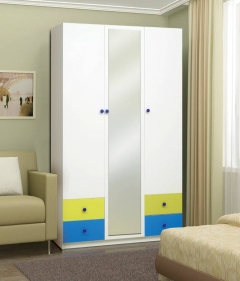 Шкаф Матрица 3-х дверный с ящиками и зеркалом Радуга Белый/Желтый/Синий