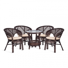 Комплект Tetchair PELANGI 02/15 стол со стеклом + 4 кресла с подушками ротанг, кресло 65х65х77см, стол диаметр 64х61см, walnut грецкий орех