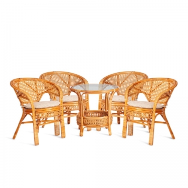 Комплект Tetchair PELANGI 02/15 стол со стеклом + 4 кресла с подушками ротанг, кресло 65х65х77см, стол диаметр 64х61см, Honey мед