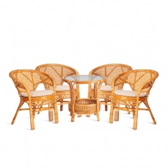 Комплект Tetchair PELANGI 02/15 стол со стеклом + 4 кресла с подушками ротанг, кресло 65х65х77см, стол диаметр 64х61см, Honey мед