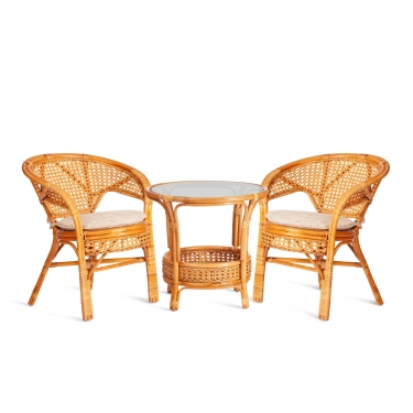 Террасовый комплект Tetchair PELANGI стол со стеклом + 2 кресла / с подушками / ротанг, кресло 65х65х77см, стол диаметр 64х61см, Honey мед