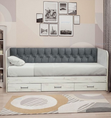 Кровать с продольной мягкой спинкой Матрица Софа 14 800х2000 Дуб Крафт белый Велюр 019