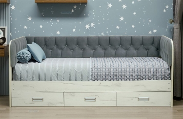 Кровать с продольной мягкой спинкой Матрица Софа 14.1 900х2000 Дуб Сонома светлый Велюр 009