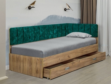 Кровать с продольной мягкой спинкой правая Матрица Софа 15 800х2000 Ясень Анкор светлый Велюр 017