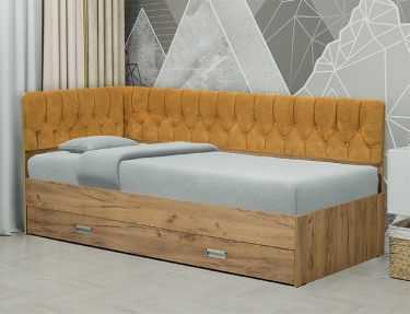 Кровать с продольной мягкой спинкой левая Матрица Софа 16 900х2000 Дуб Крафт серый Велюр 338